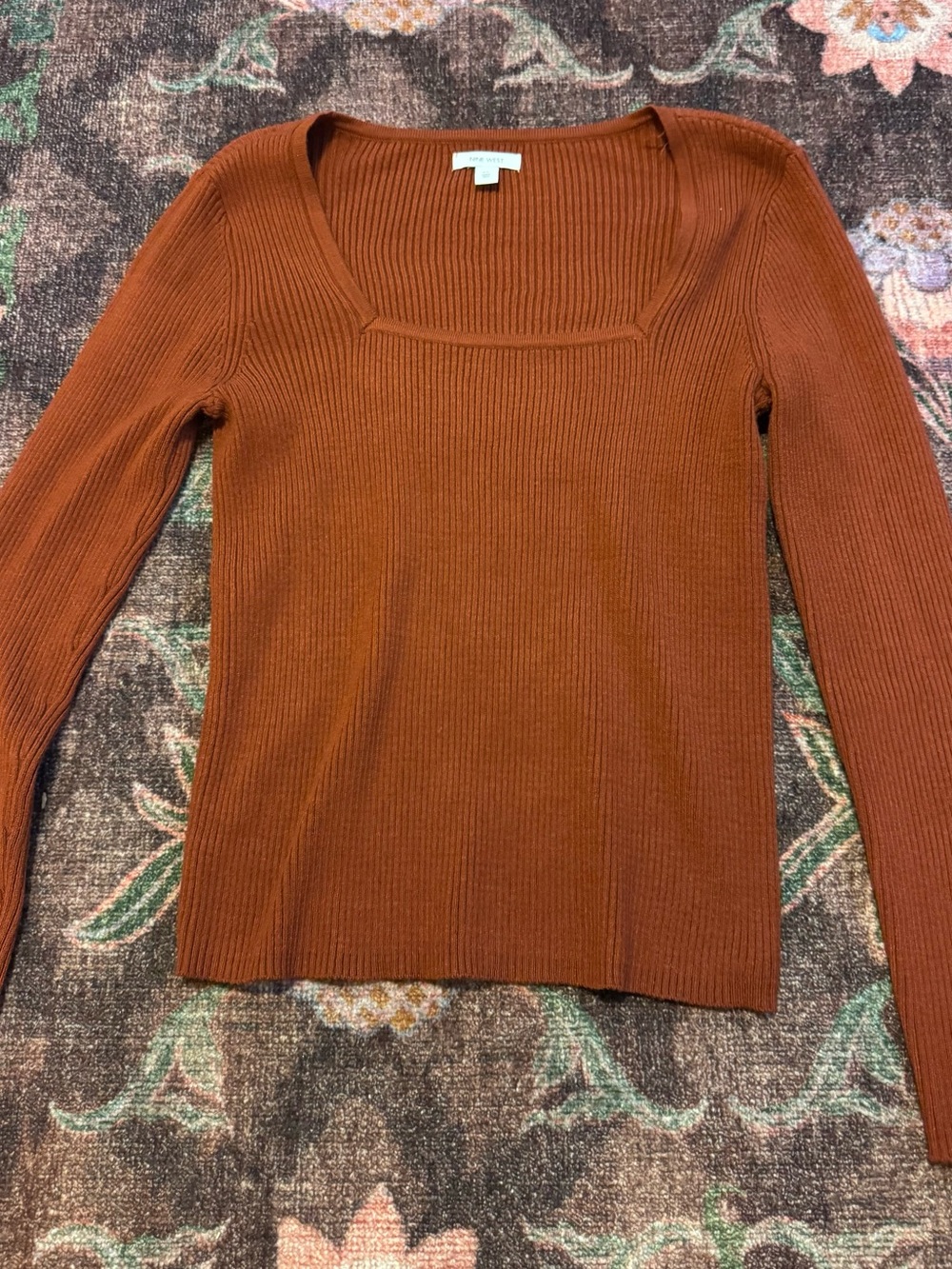Nine West Women’s Rust Orange Ribbed Square-Neck Long Sleeve Top - XL